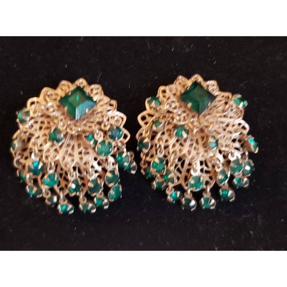 Vintage Miriam Haskell? Emerald Green Crystal Chandelier Cha Cha Earrings - Bold